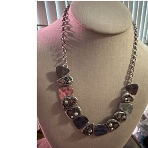 You & I Mixed Metal Bib Statement Necklace Silver Copper Crystal Faux Pearl